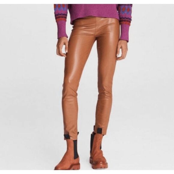 NWT Rag & Bone Nina Faux Leather Pull on Skinny Pants in Cognac Brown Size Small - Picture 2 of 14